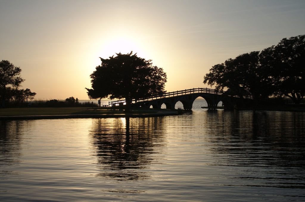 sunset, park, bridge